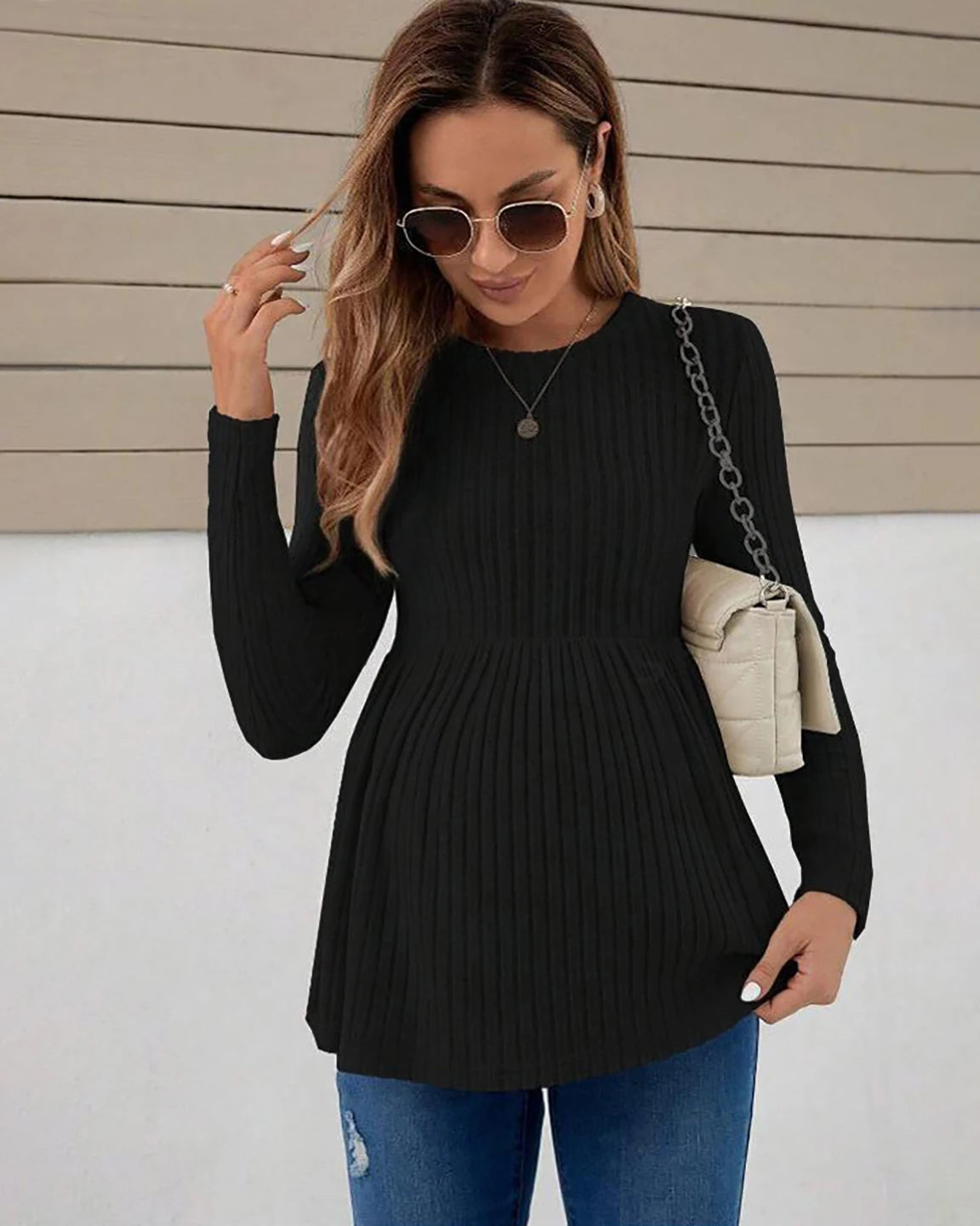 Ribbed Knit Ruffle Hem Maternity Top