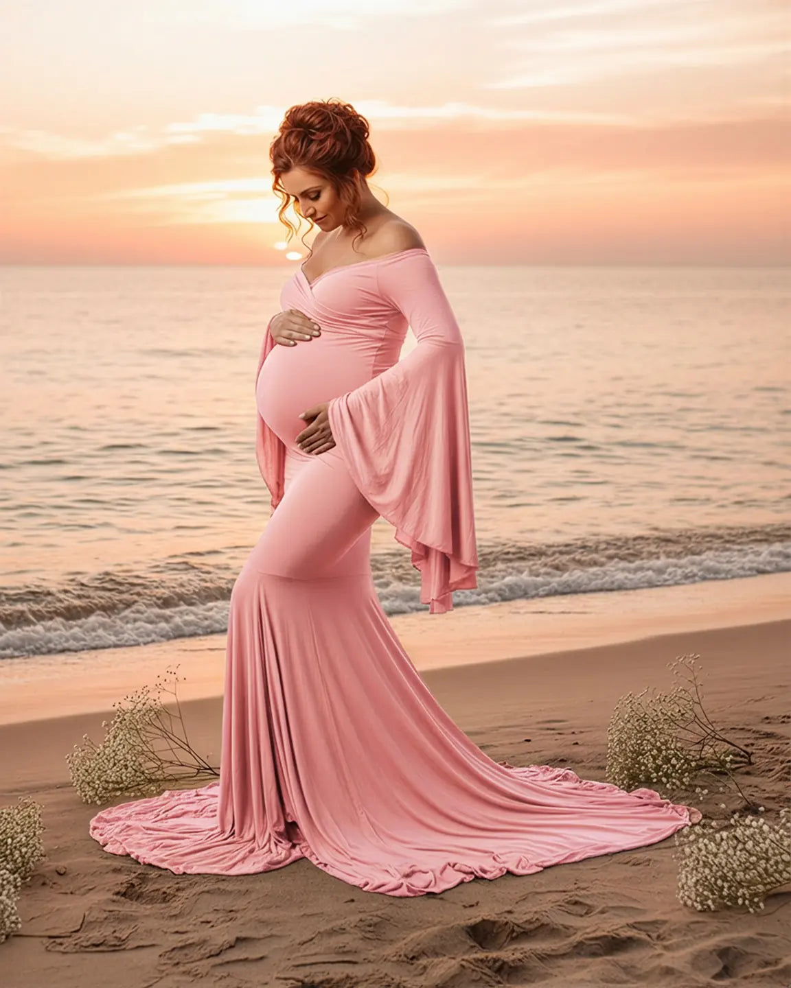 Flared Sleeve Fishtail Train Maternity Photoshoot Dress