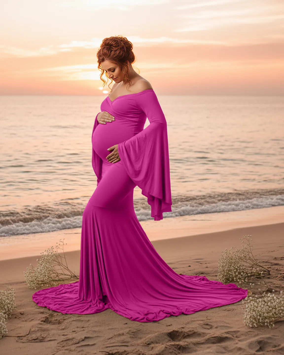 Flared Sleeve Fishtail Train Maternity Photoshoot Dress