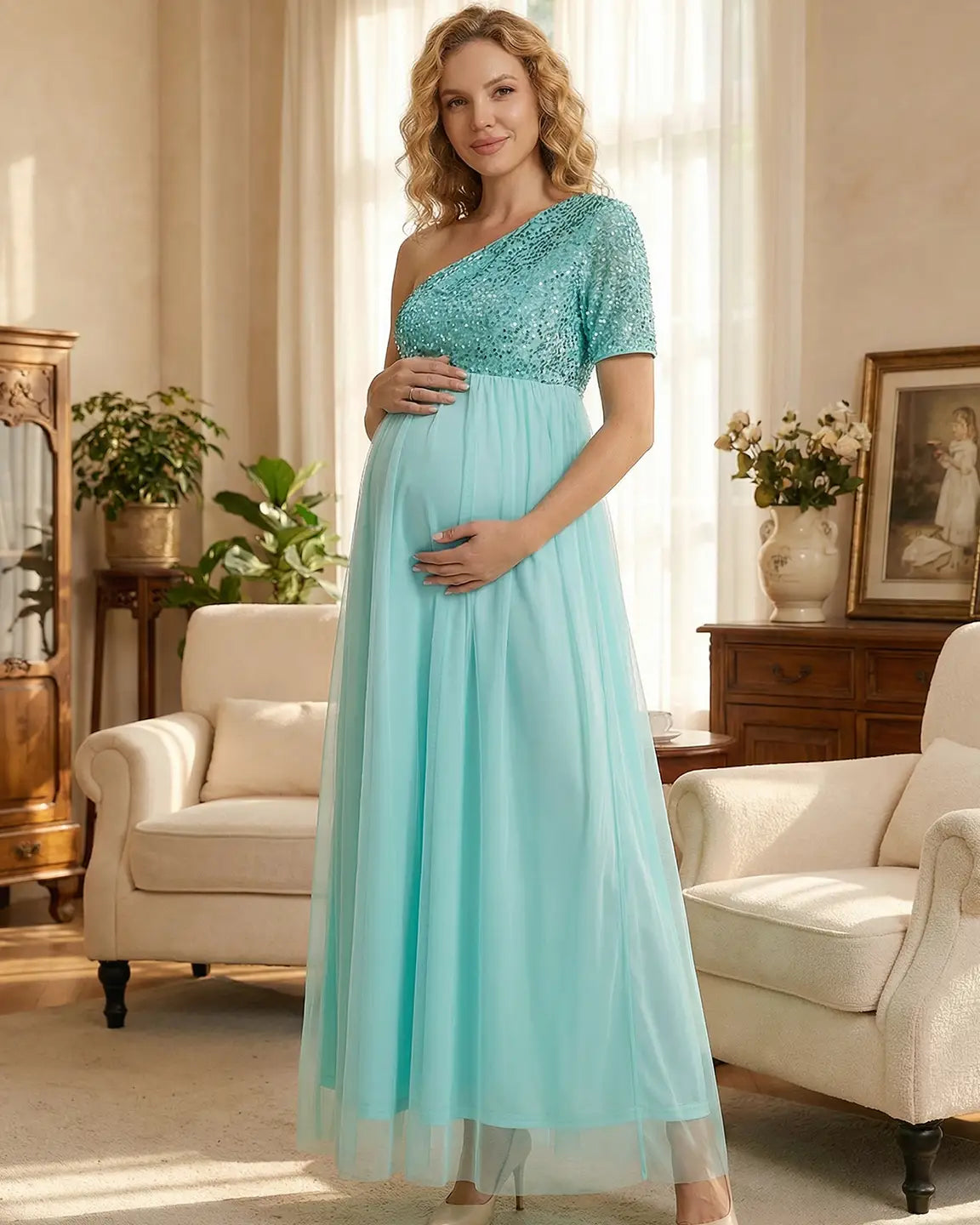 Sequin One-Shoulder Flowy Maternity Maxi Dress