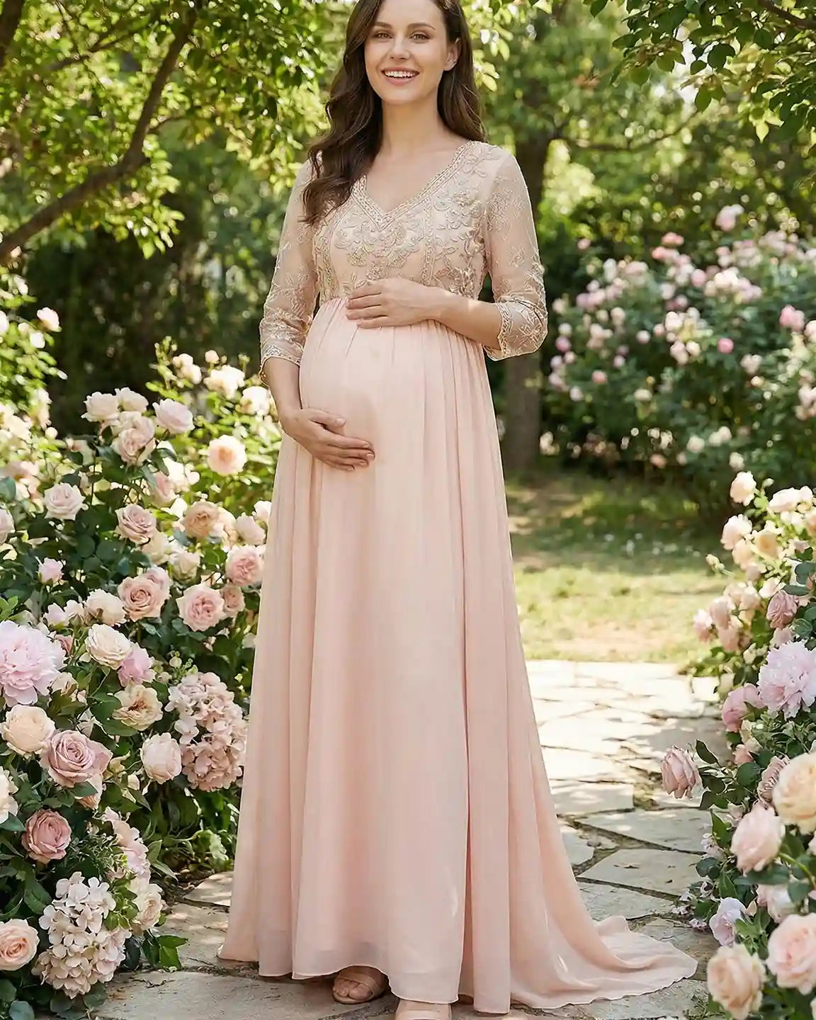 Sheer Lace Bodice Trailing Maternity Photoshoot Dress