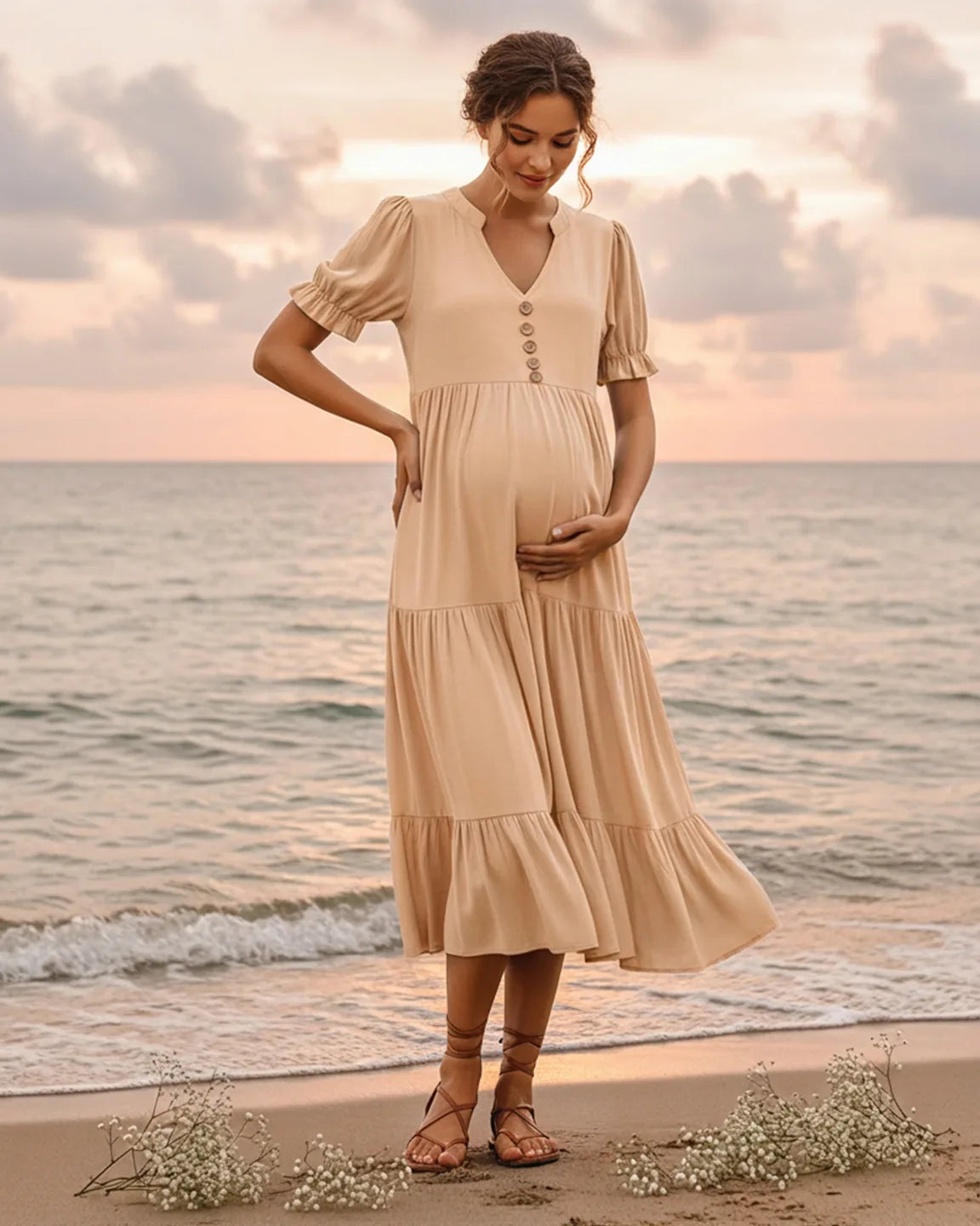 Stand-up Collar Tiered Skirt Maternity Midi Dress