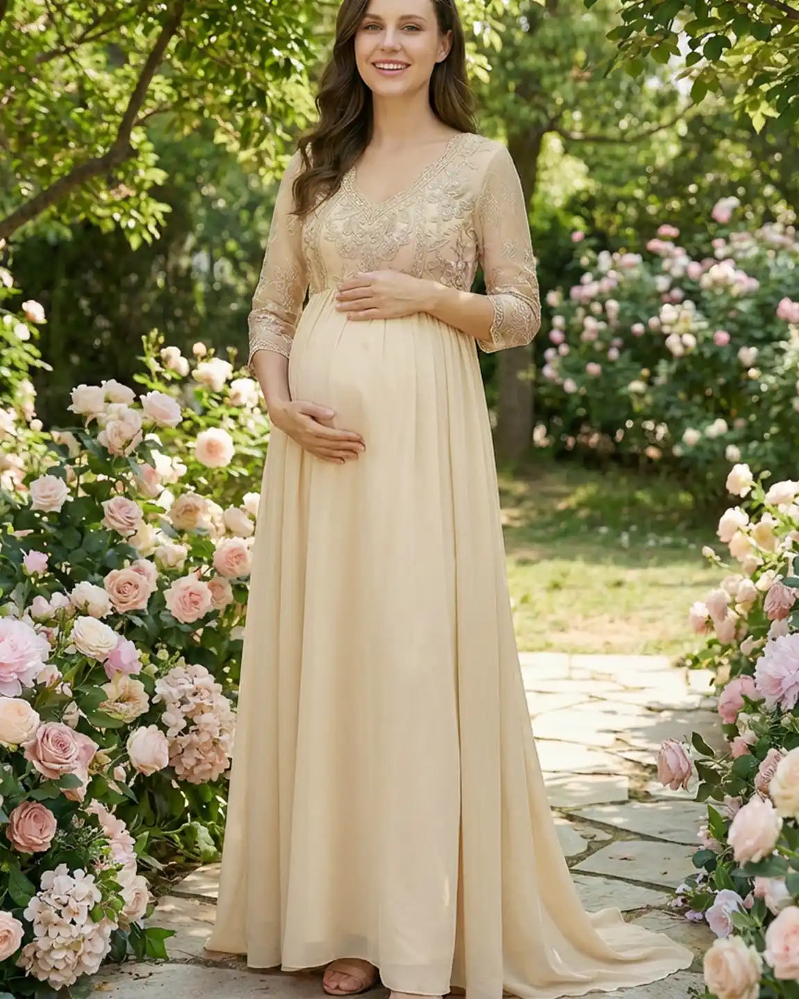Sheer Lace Bodice Trailing Maternity Photoshoot Dress
