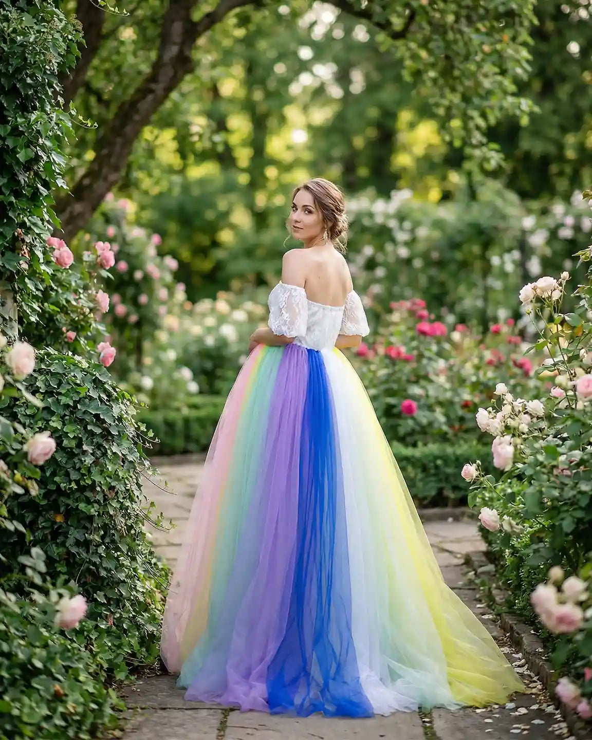 Lace-Spliced Rainbow Trailing Maternity Gown