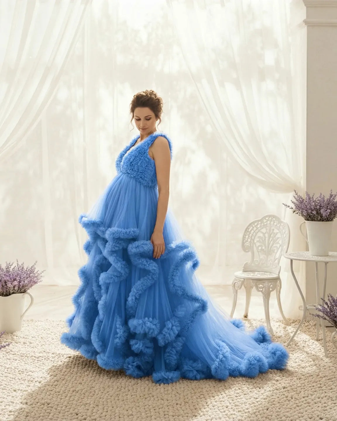 Ruffled Bodice Multi-Layer Mesh Pleats Maternity Gown