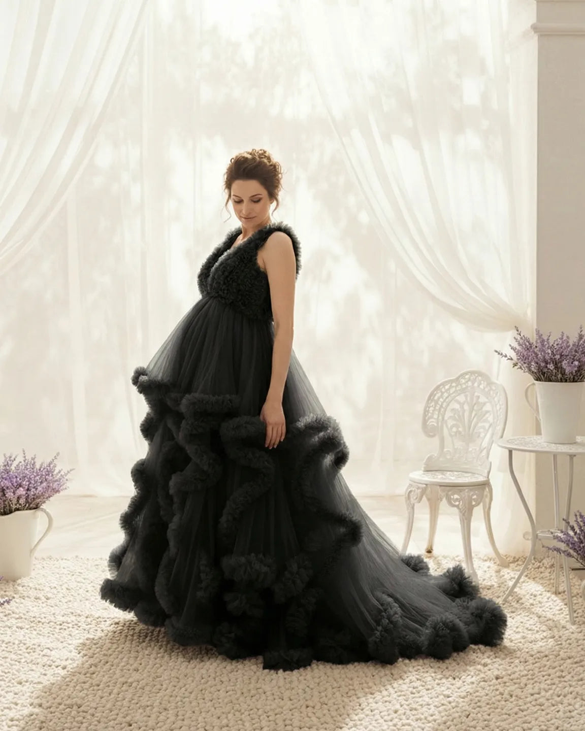 Ruffled Bodice Multi-Layer Mesh Pleats Maternity Gown