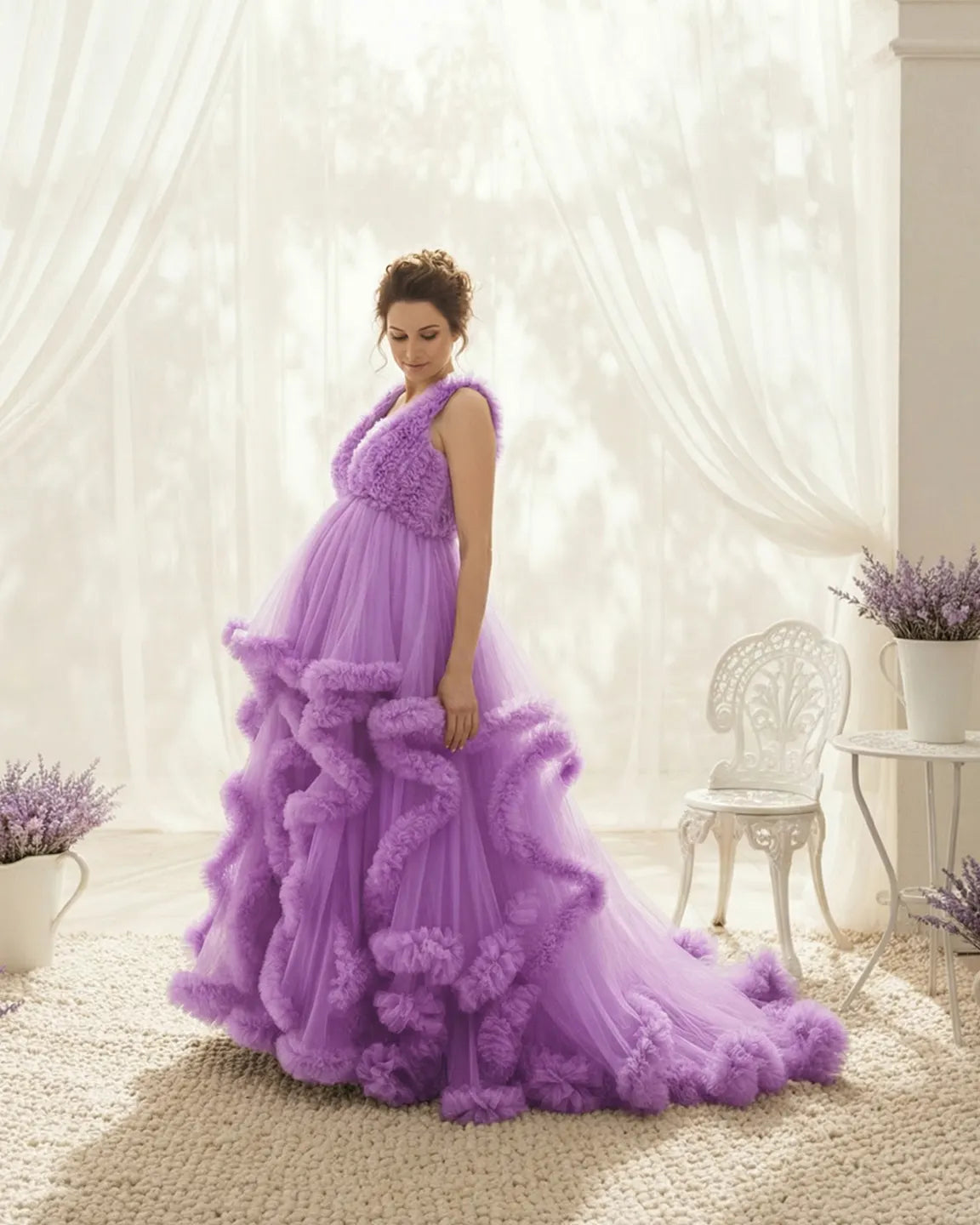 Ruffled Bodice Multi-Layer Mesh Pleats Maternity Gown