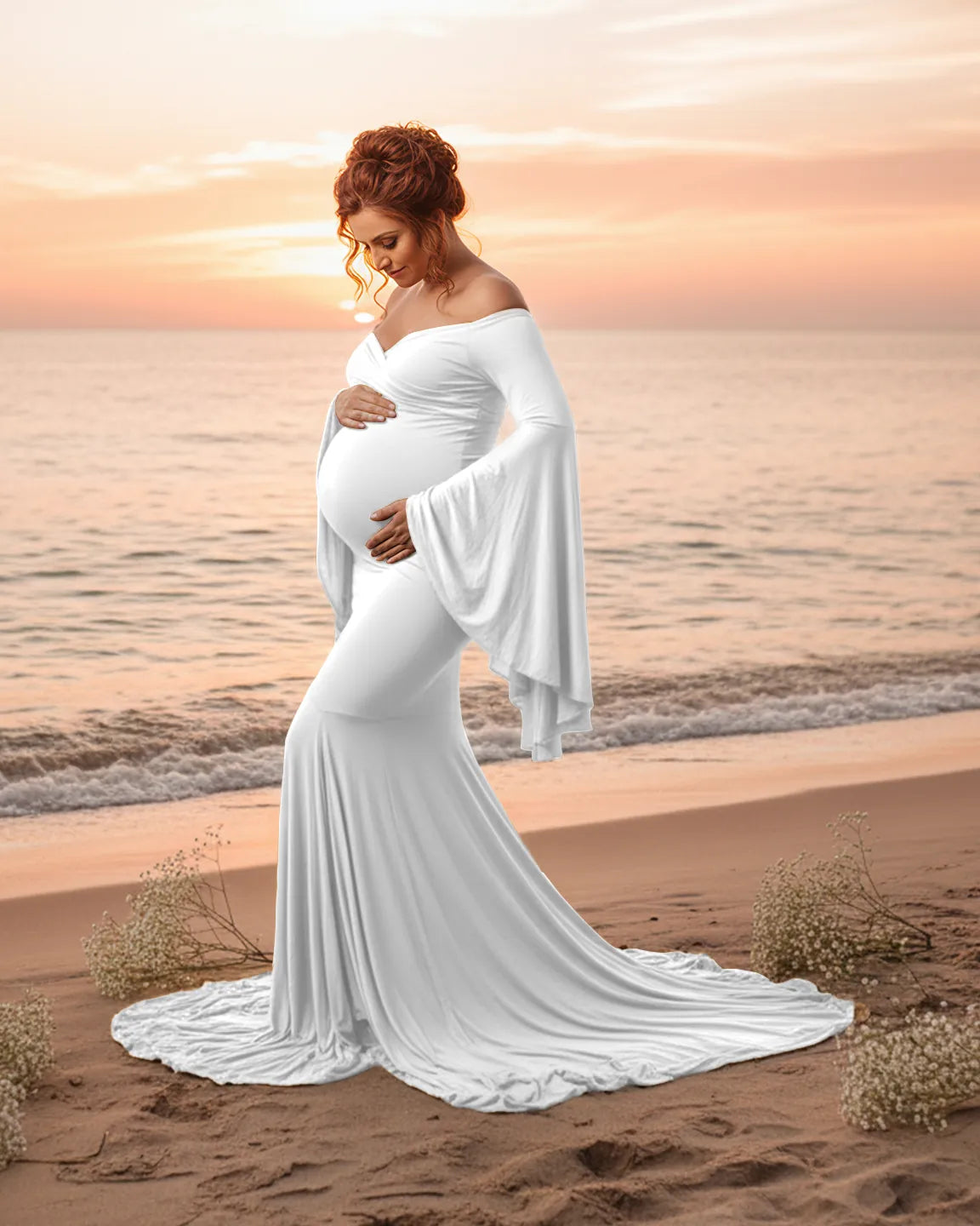 Flared Sleeve Fishtail Train Maternity Photoshoot Dress