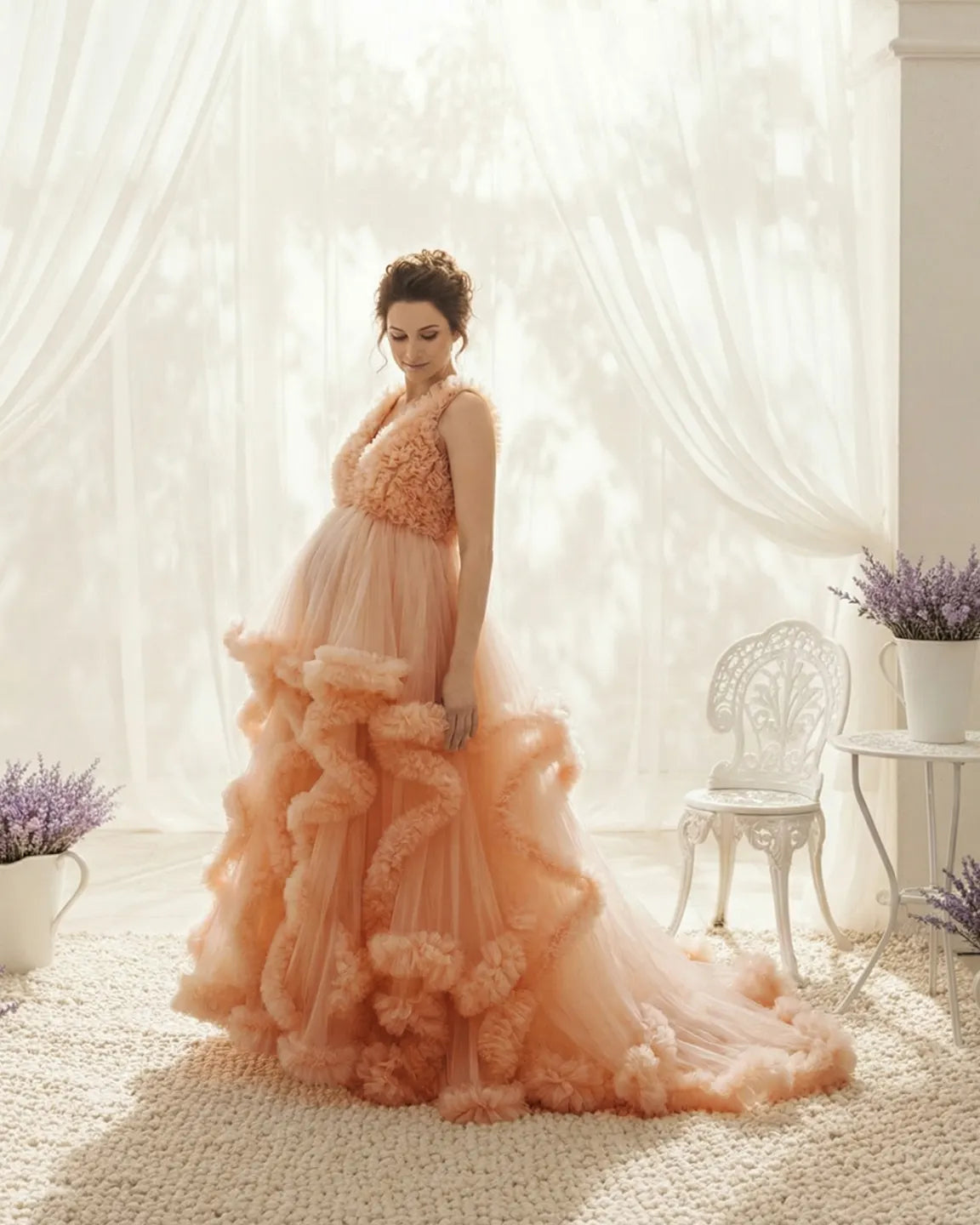 Ruffled Bodice Multi-Layer Mesh Pleats Maternity Gown