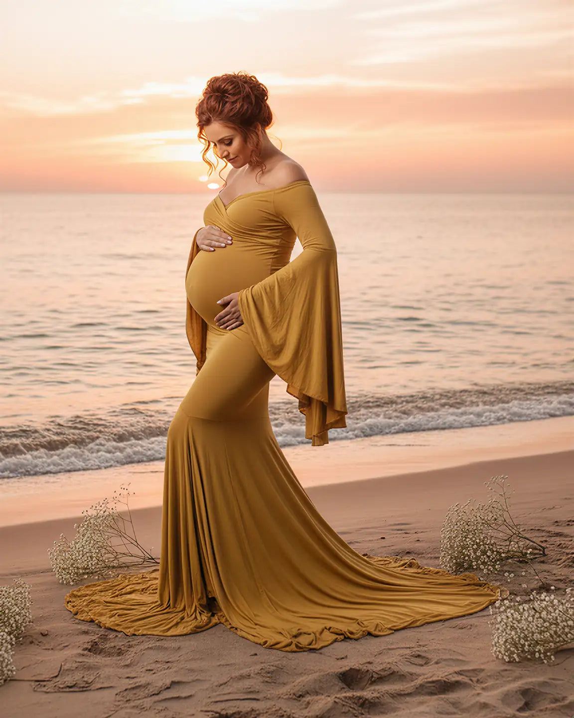 Flared Sleeve Fishtail Train Maternity Photoshoot Dress
