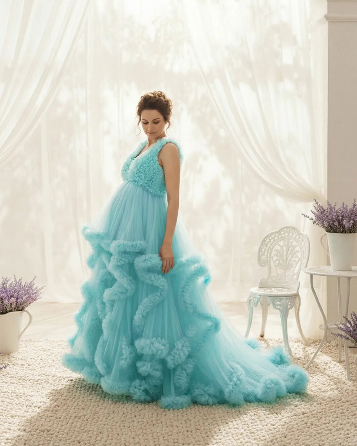 Ruffled Bodice Multi-Layer Mesh Pleats Maternity Gown