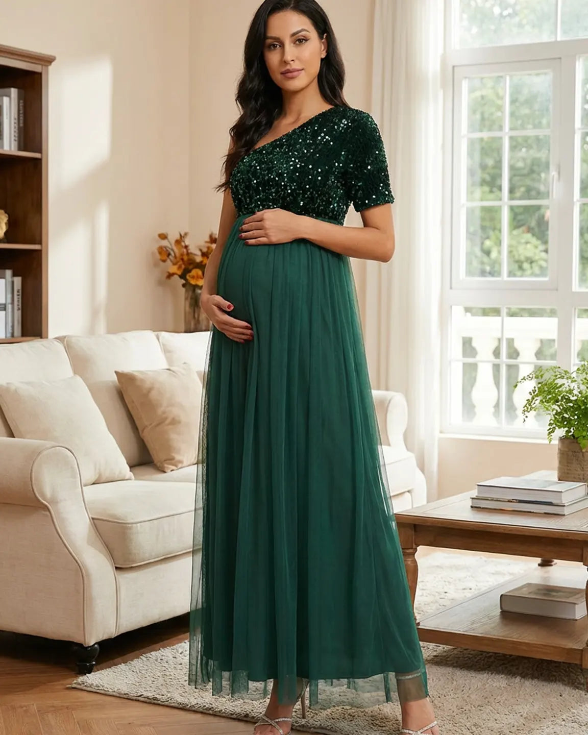 Sequin One-Shoulder Dreamy Maternity Maxi Dress