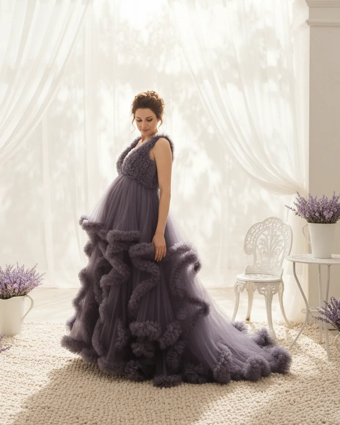 Ruffled Bodice Multi-Layer Mesh Pleats Maternity Gown