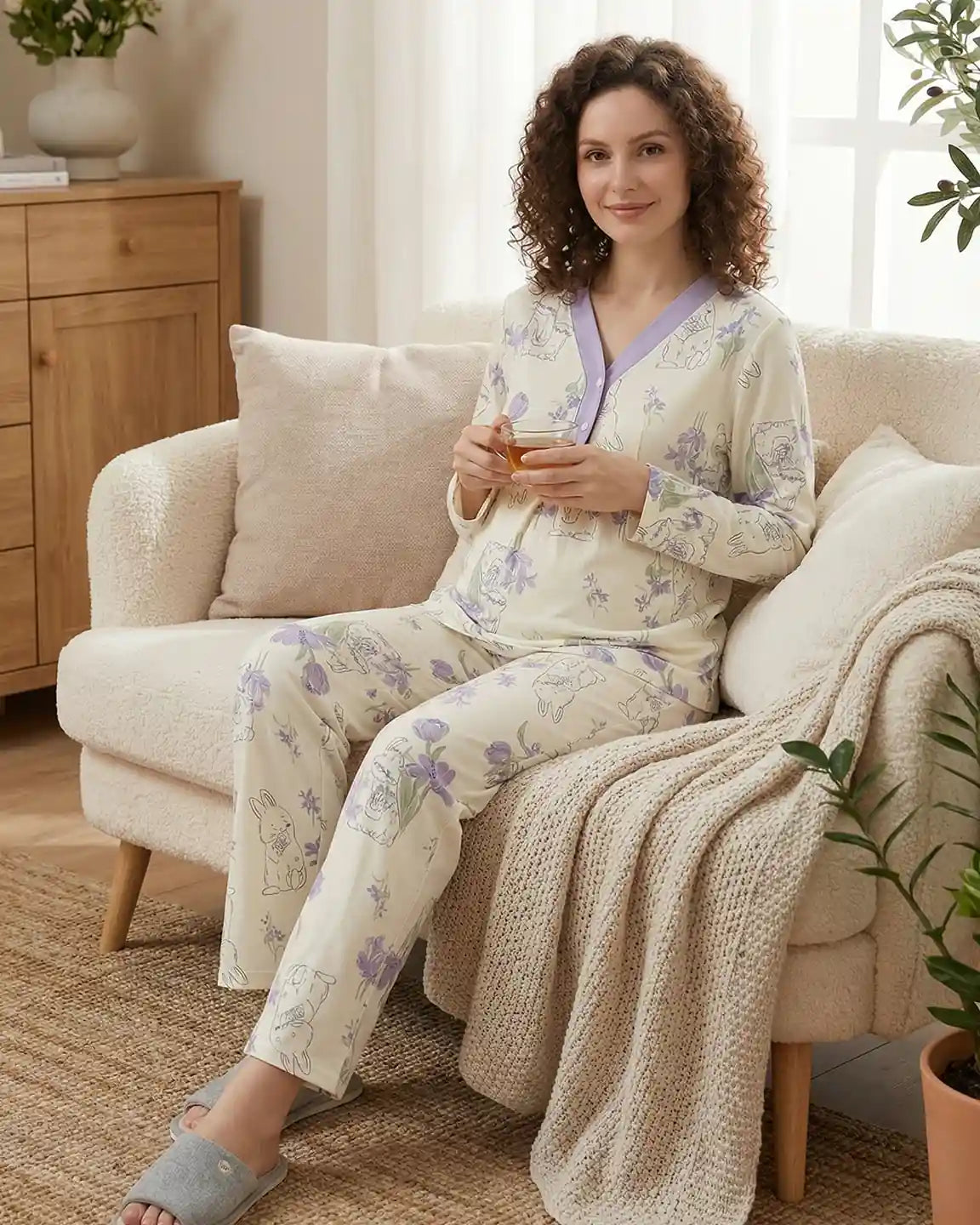 Chest Padded Plant Print Maternity Sleepwear Set