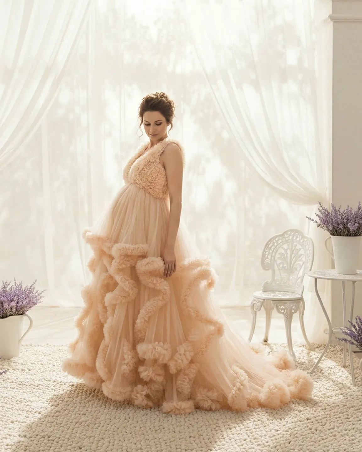 Ruffled Bodice Multi-Layer Mesh Pleats Maternity Gown