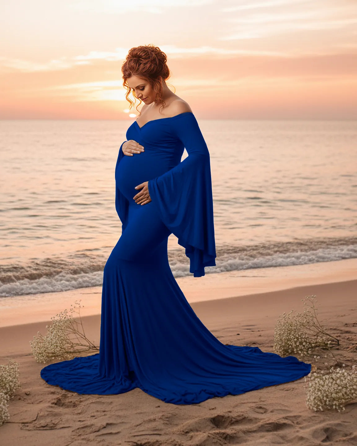 Flared Sleeve Fishtail Train Maternity Photoshoot Dress
