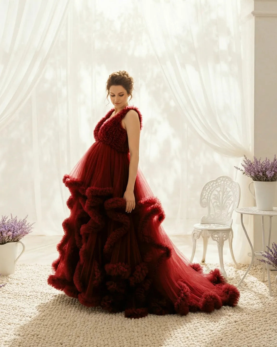 Ruffled Bodice Multi-Layer Mesh Pleats Maternity Gown