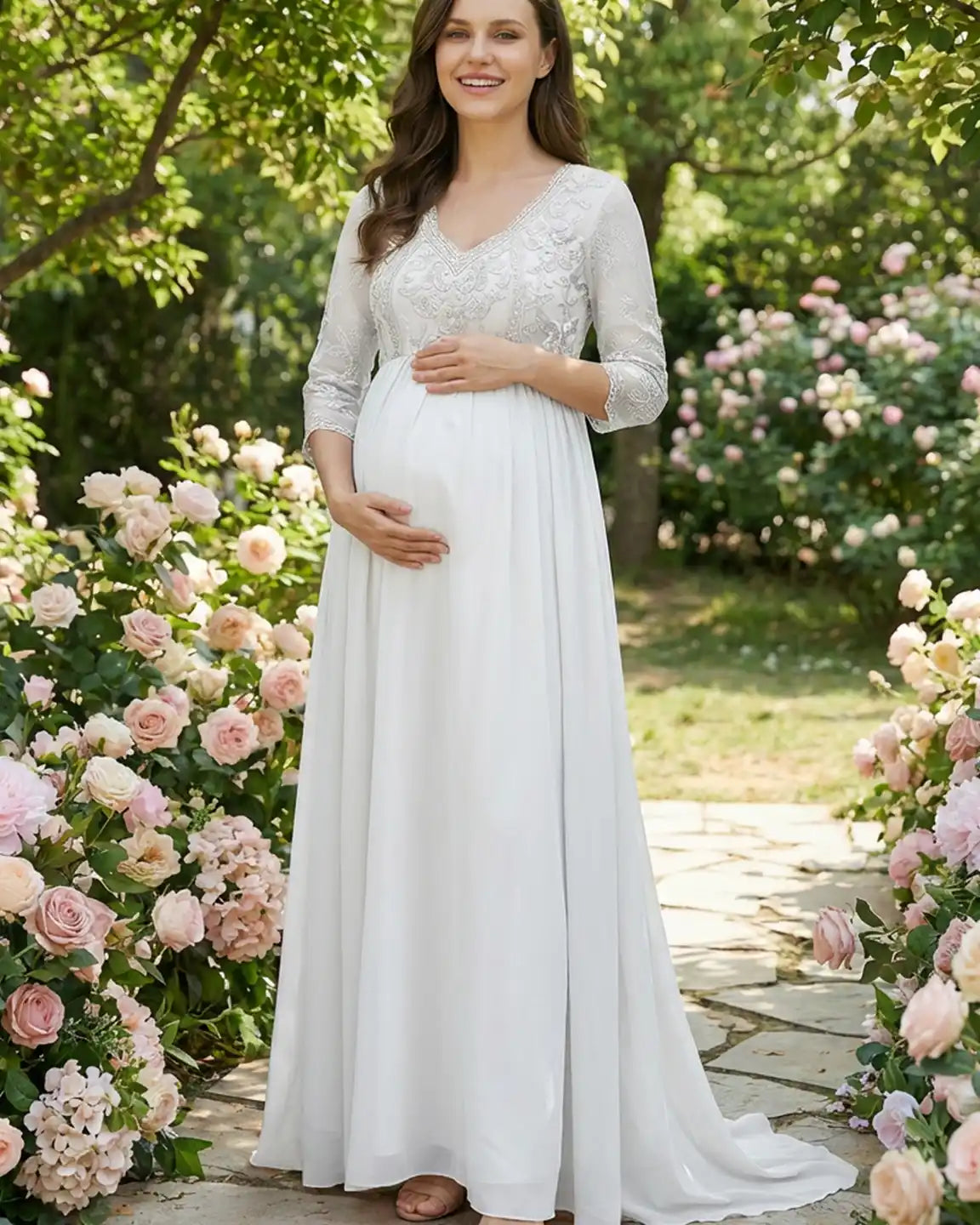Sheer Lace Bodice Trailing Maternity Photoshoot Dress