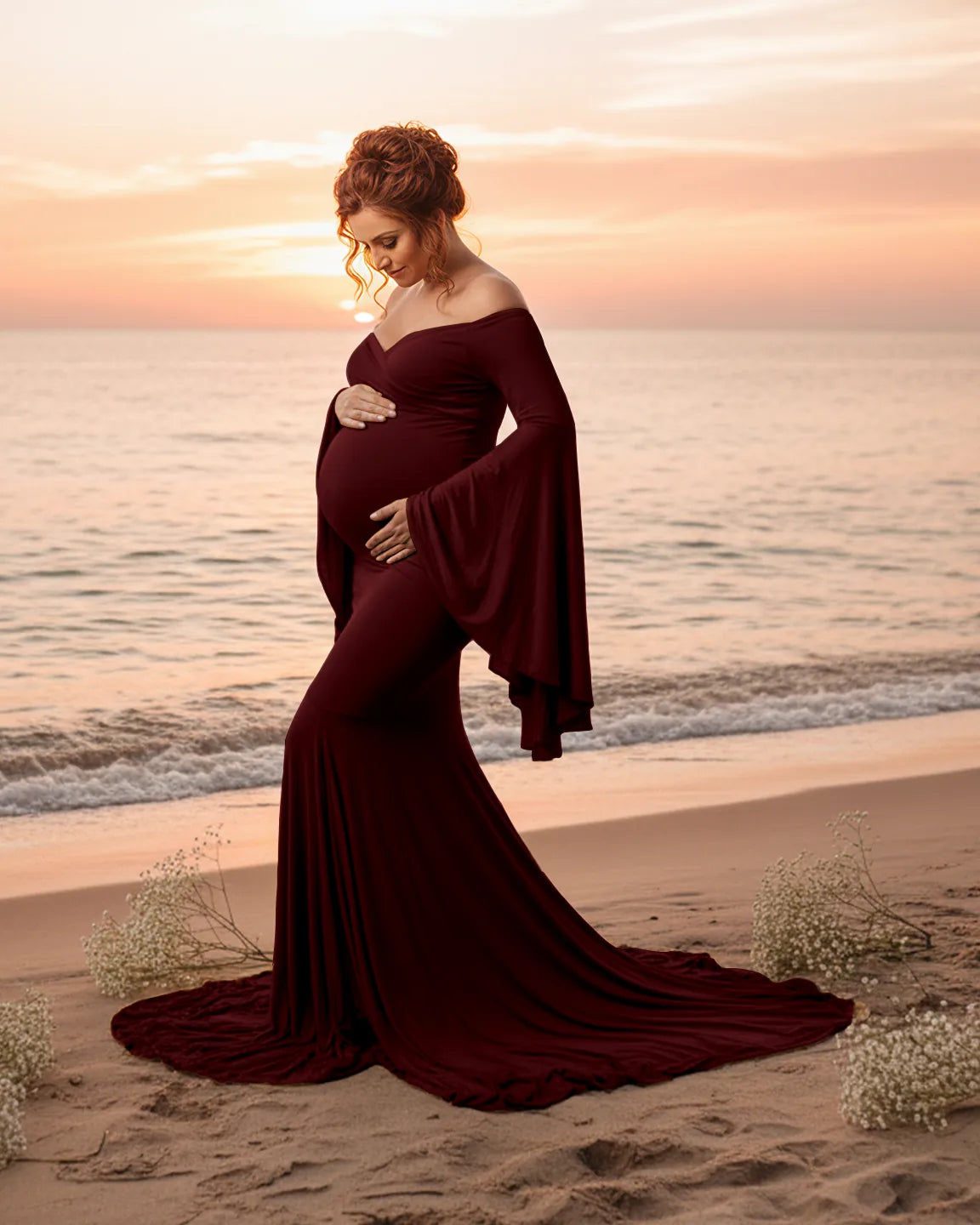 Flared Sleeve Fishtail Train Maternity Photoshoot Dress