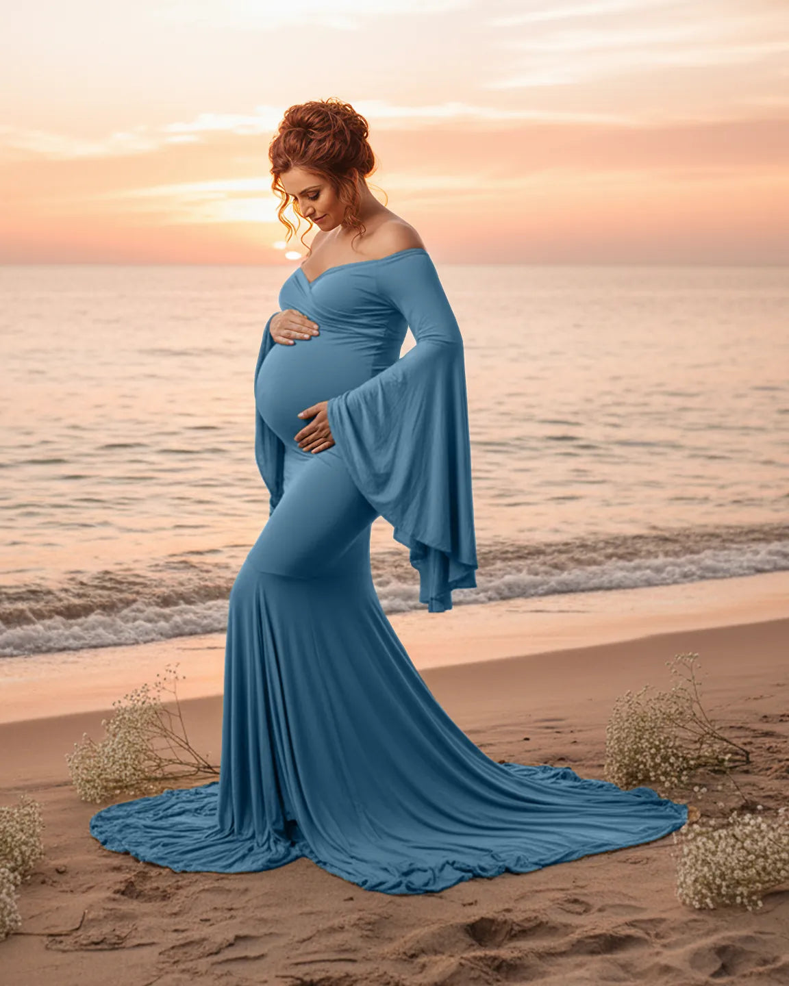 Flared Sleeve Fishtail Train Maternity Photoshoot Dress
