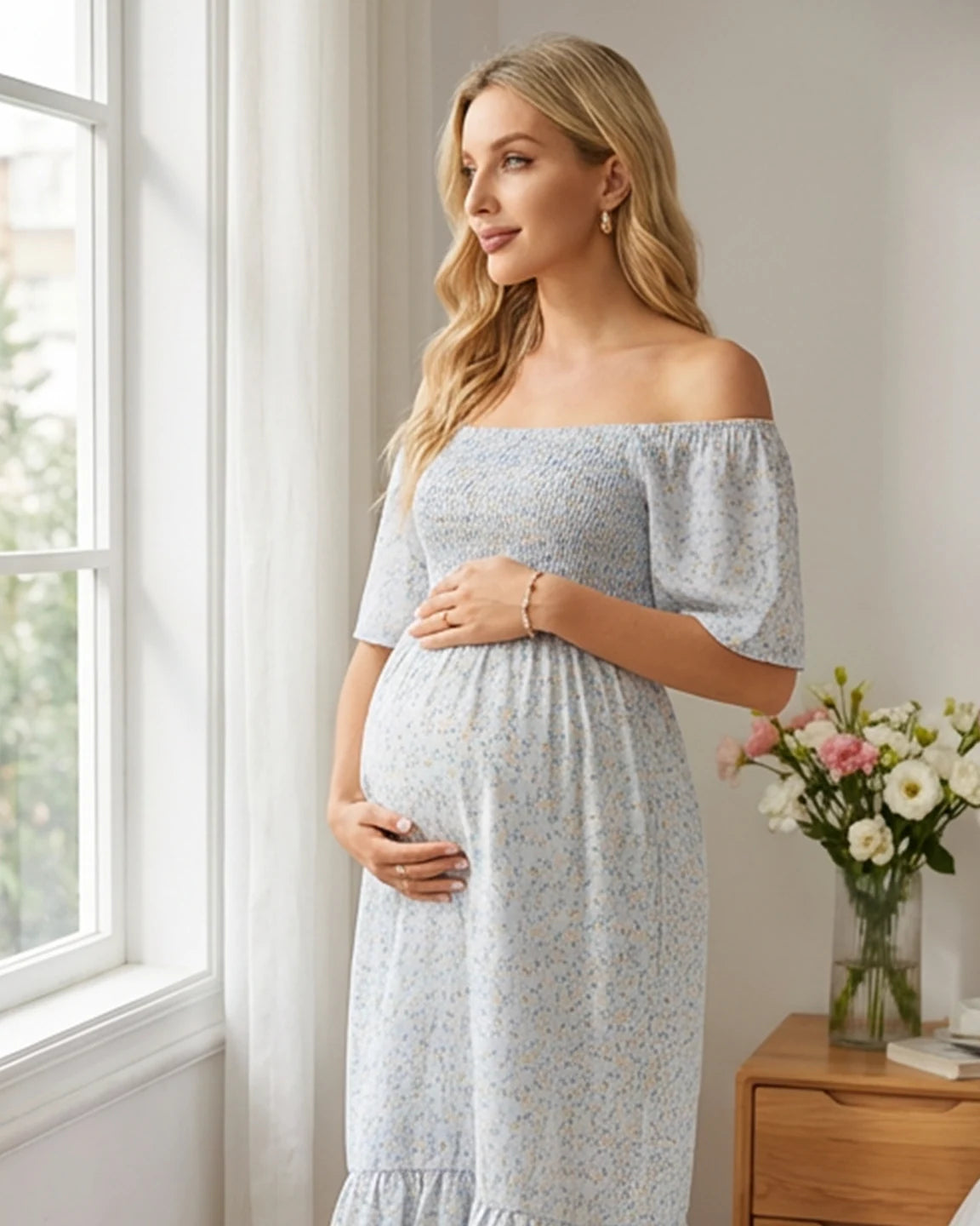 Flounce Sleeves Floral Print Maternity Day Dress