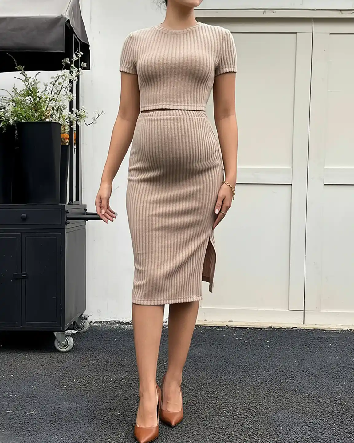 Ribbed Crop Top & Side-Slit Bodycon Maternity Skirt Set