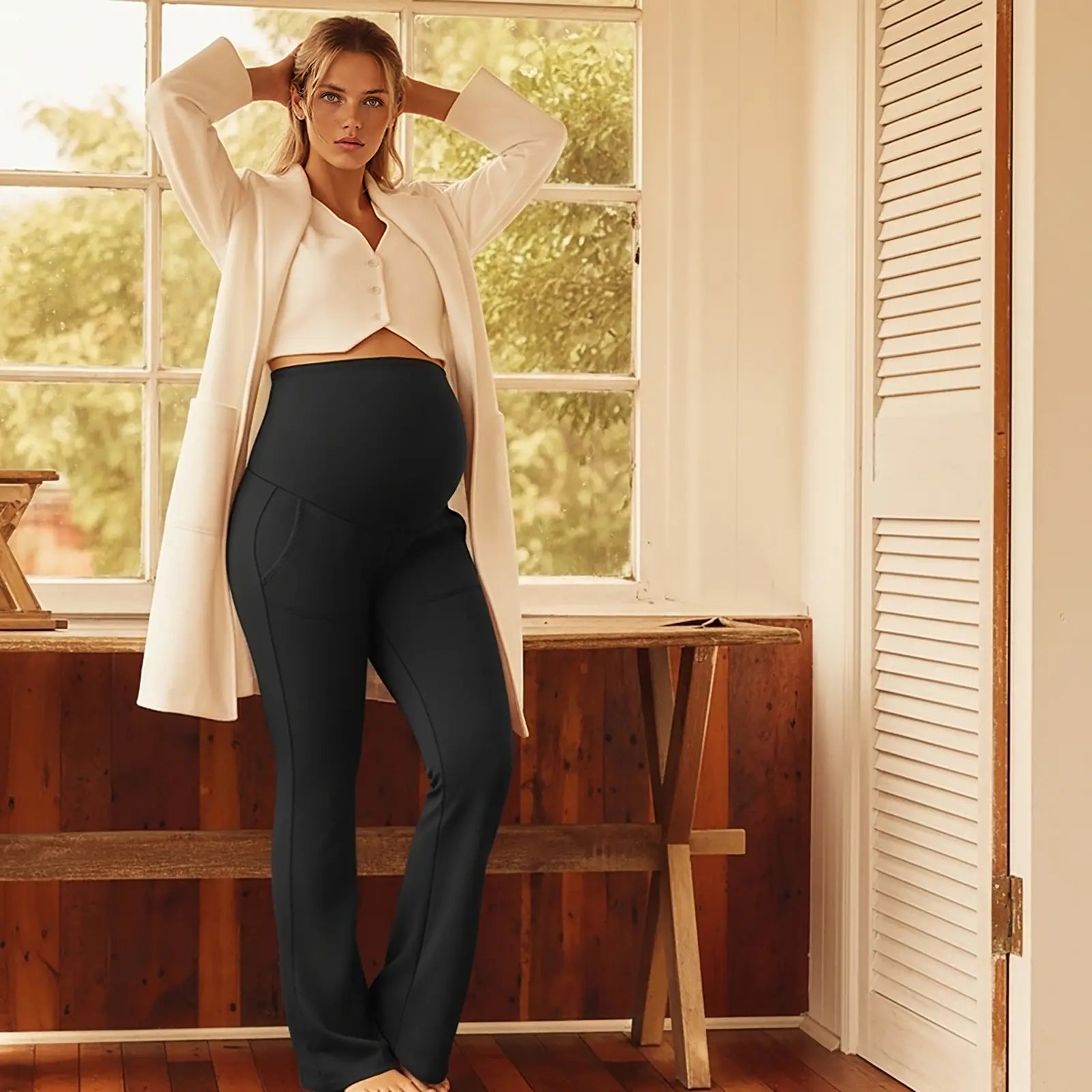 High-Waist Pocketed Flare-Leg Maternity Leggings