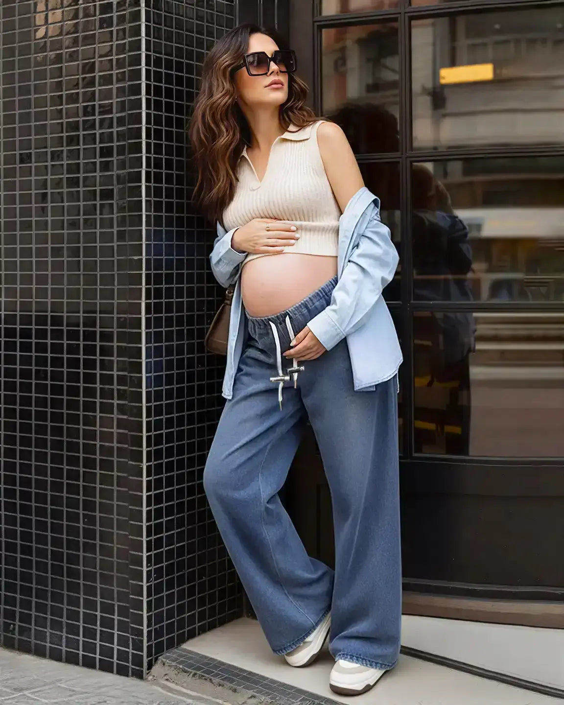 Baggy Wide-Leg Drawstring Maternity Jeans
