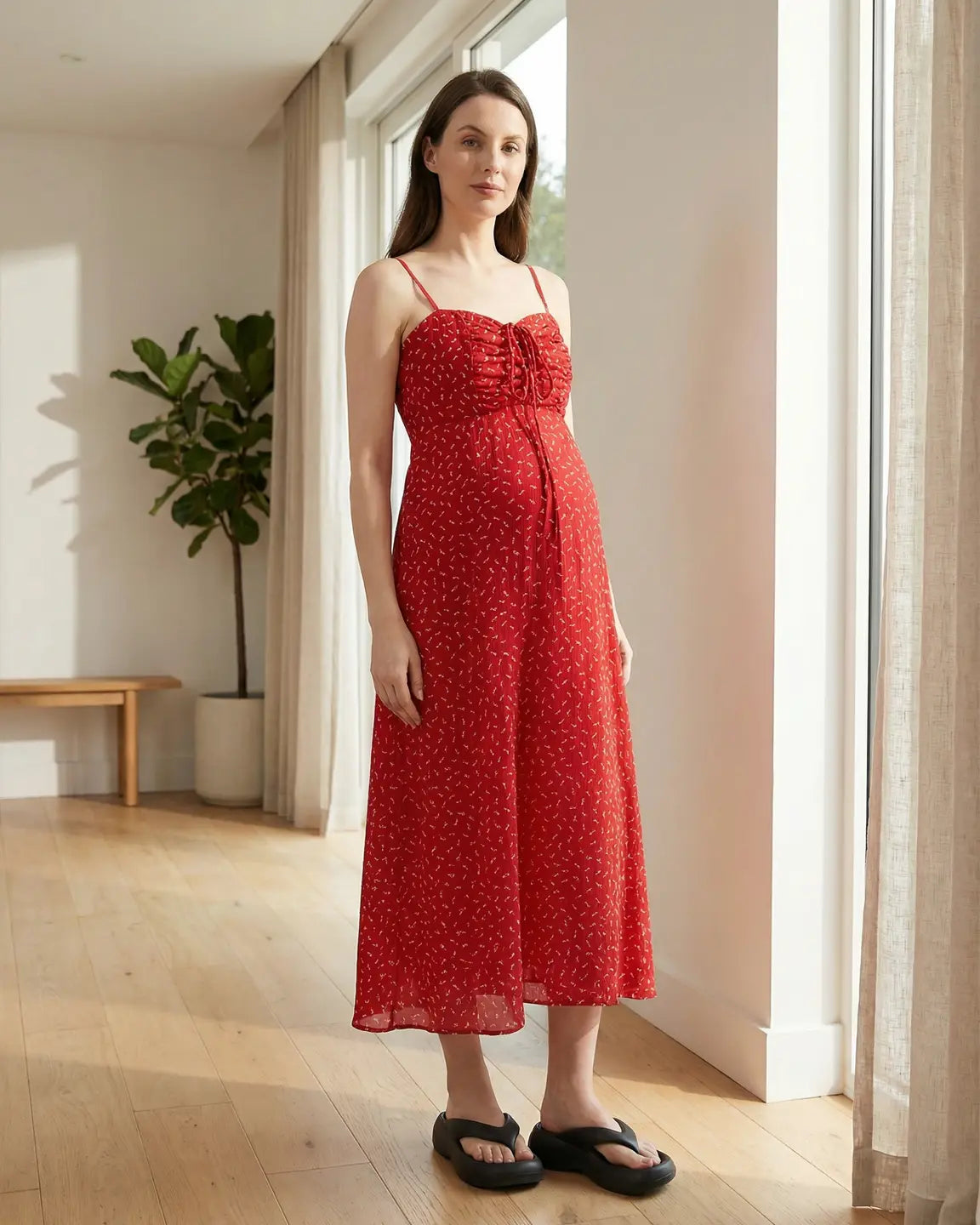 Ruched Drawstring Bust Floral Dress with Chiffon Cardigan