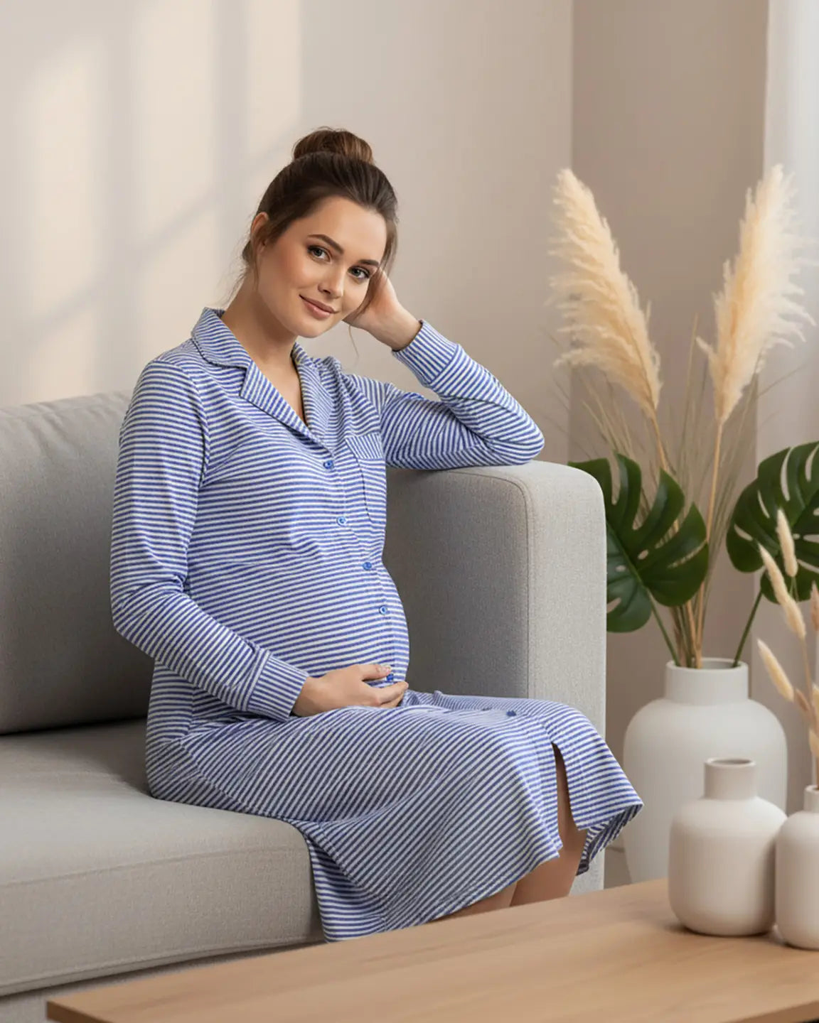 Button-Front Shirt Style Maternity Sleepwear
