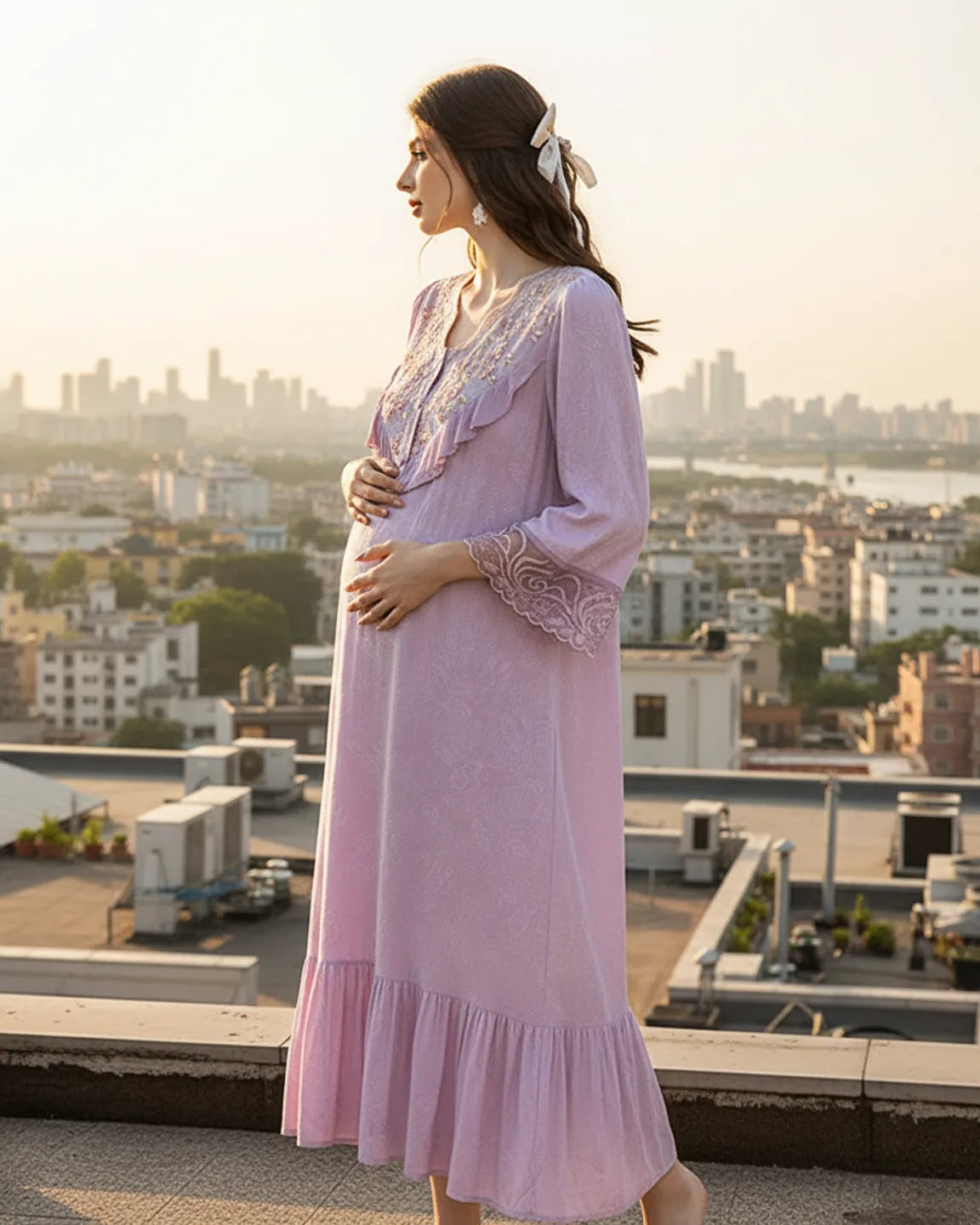 Embroidered Ruffle Flowing Fit Maternity Midi Dress