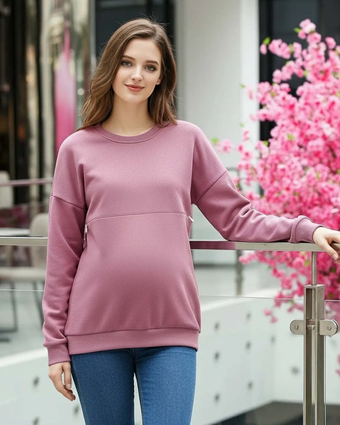 Discreet Zipper Nursing Access Casual Maternity Top