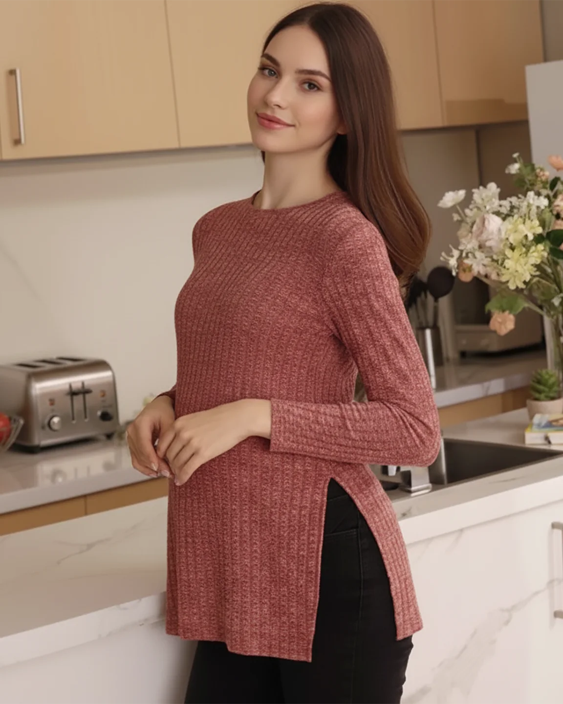 Ribbed Knit Side-Slit Long Sleeve Maternity Top