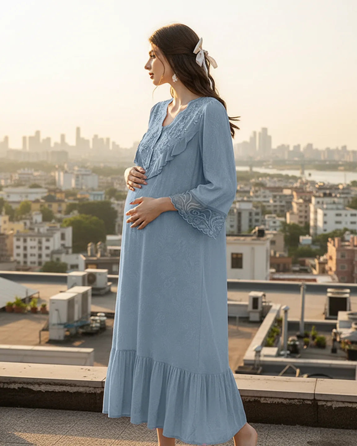 Embroidered Ruffle Flowing Fit Maternity Midi Dress