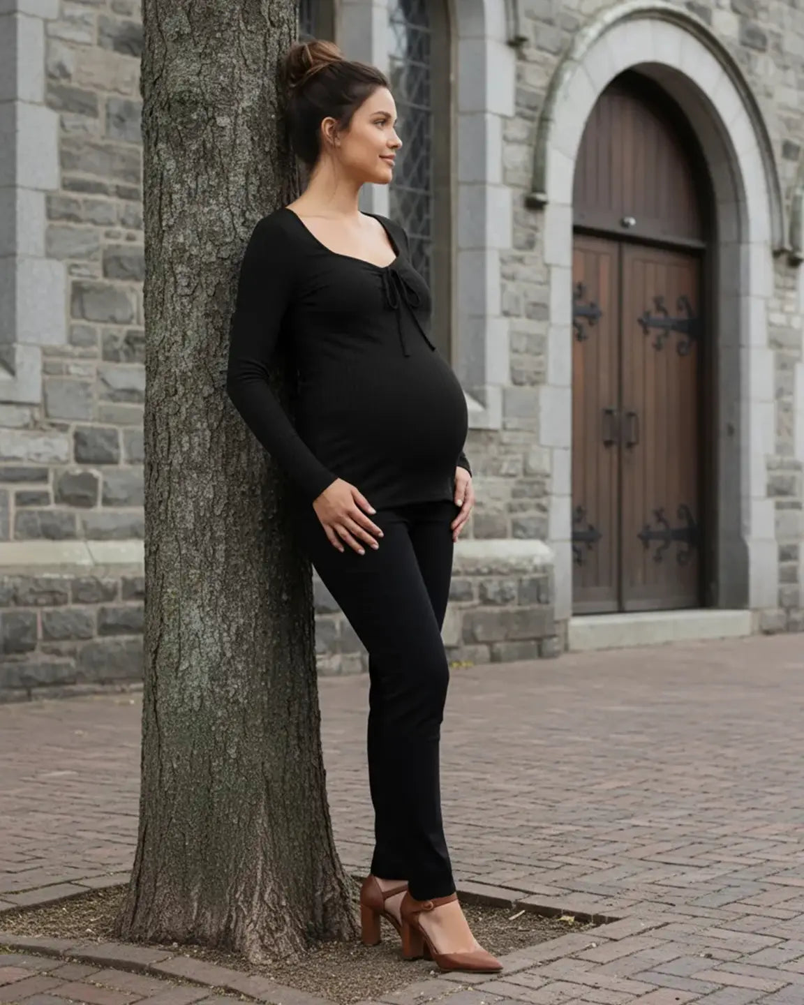 Ribbed Knit Tie Detail Square Neck Maternity Top