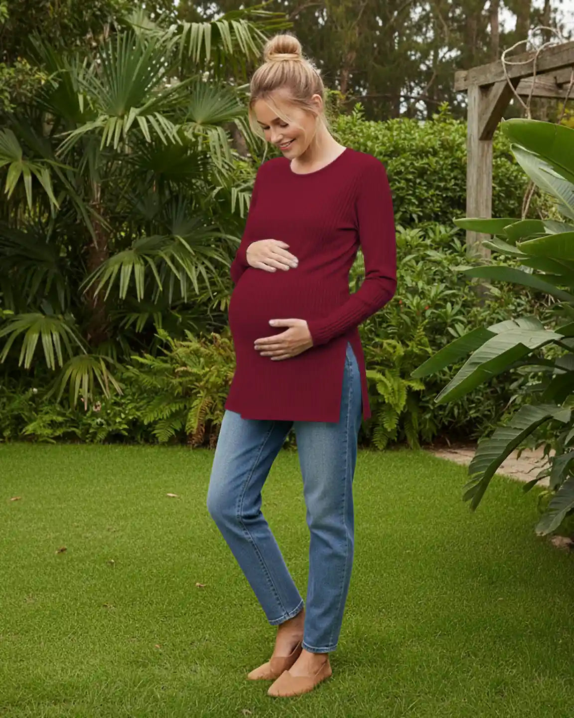 Ribbed Knit Long Sleeve Maternity Top with Side Slits