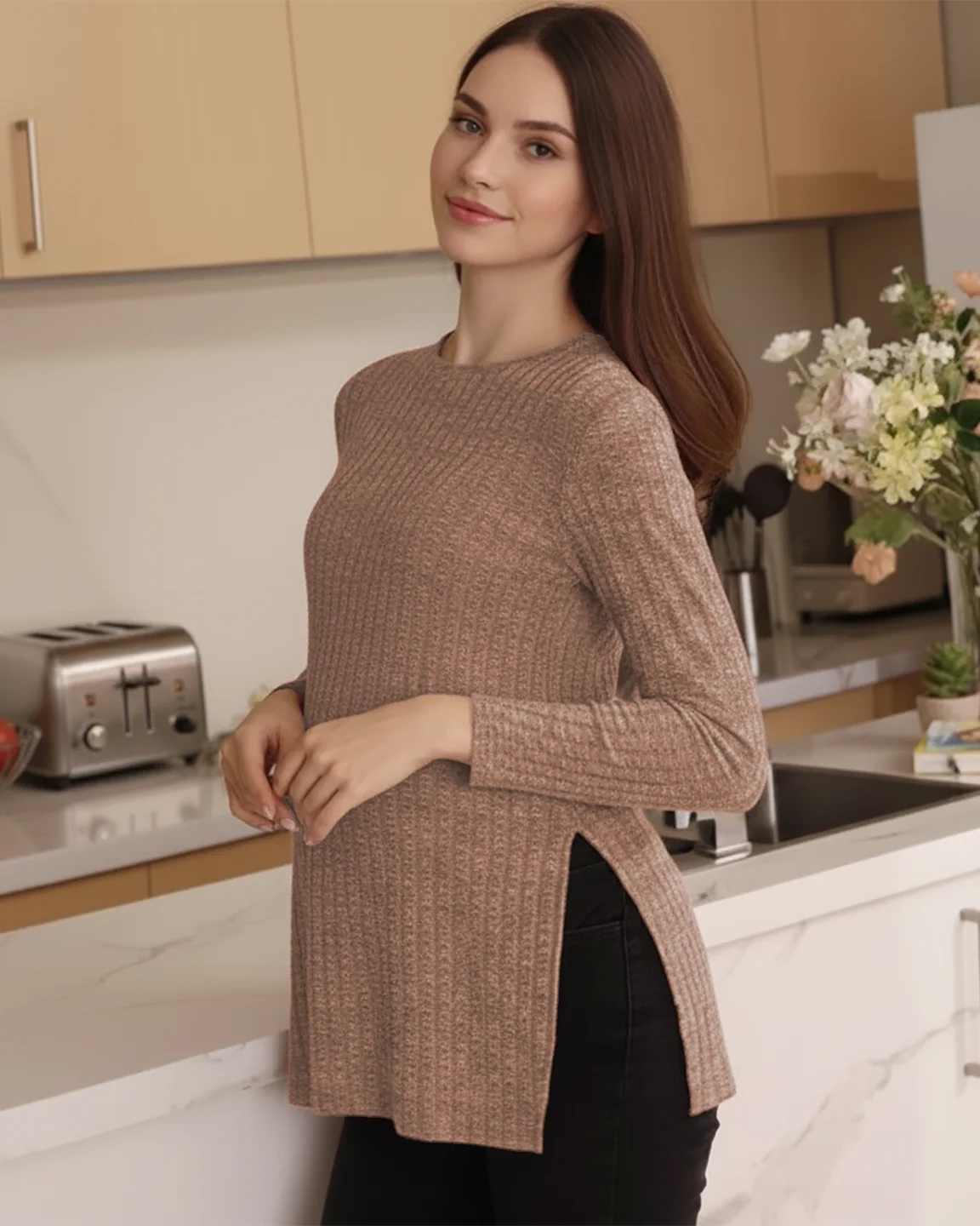 Ribbed Knit Side-Slit Long Sleeve Maternity Top