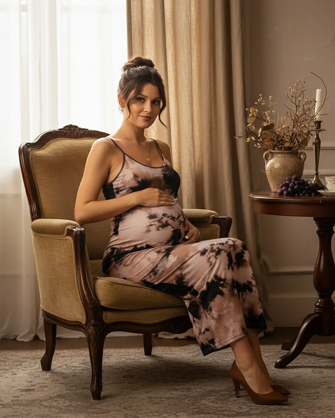 Thin Strapped Tie-Dye Pattern Bodycon Maternity Maxi Dress