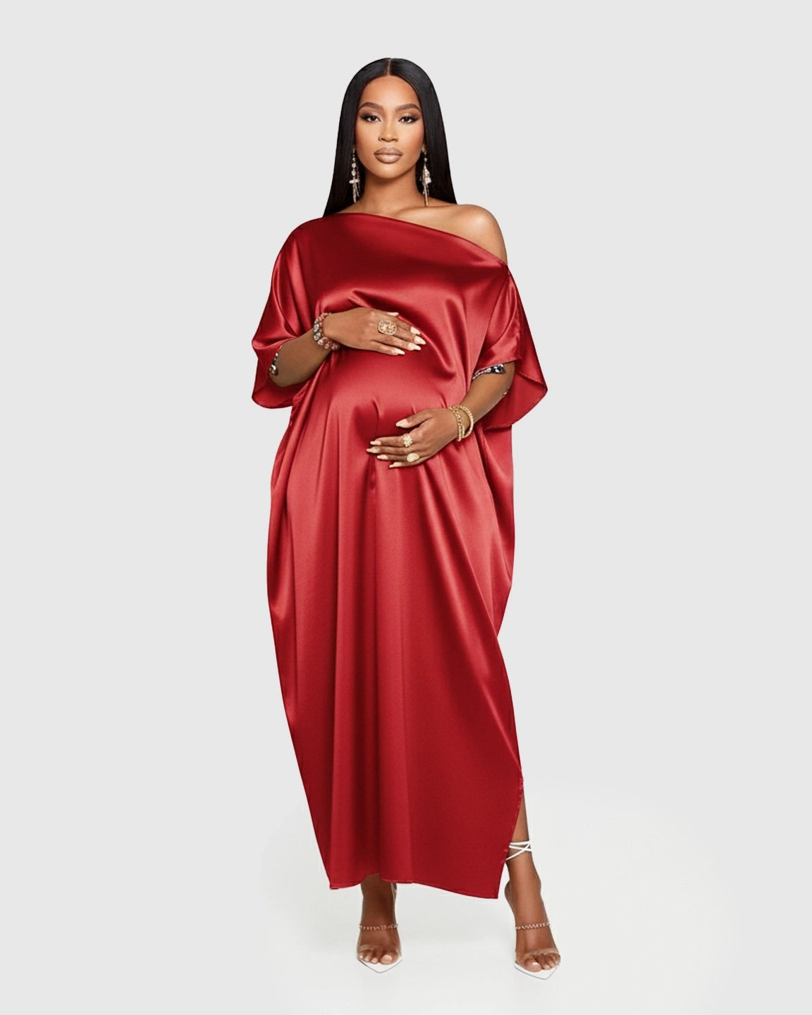 One-Shoulder Batwing Sleeve A-Line Maternity Maxi Dress