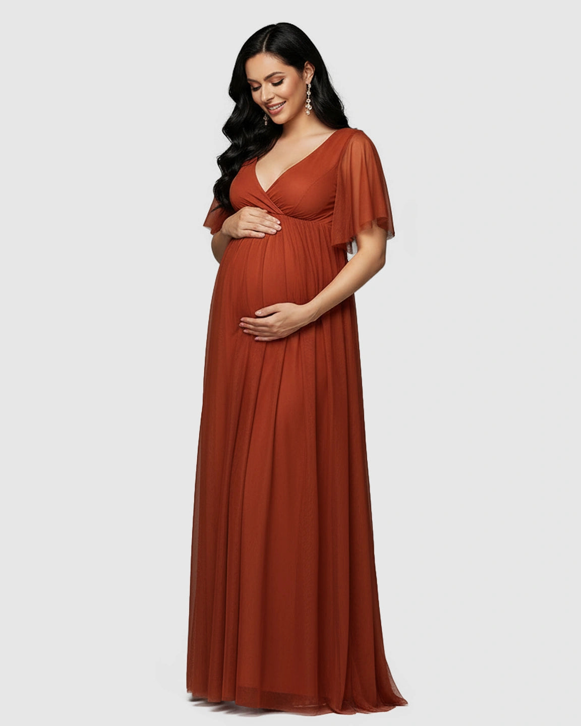 Flutter Sleeve V-Neck Chiffon Maternity Maxi Dress