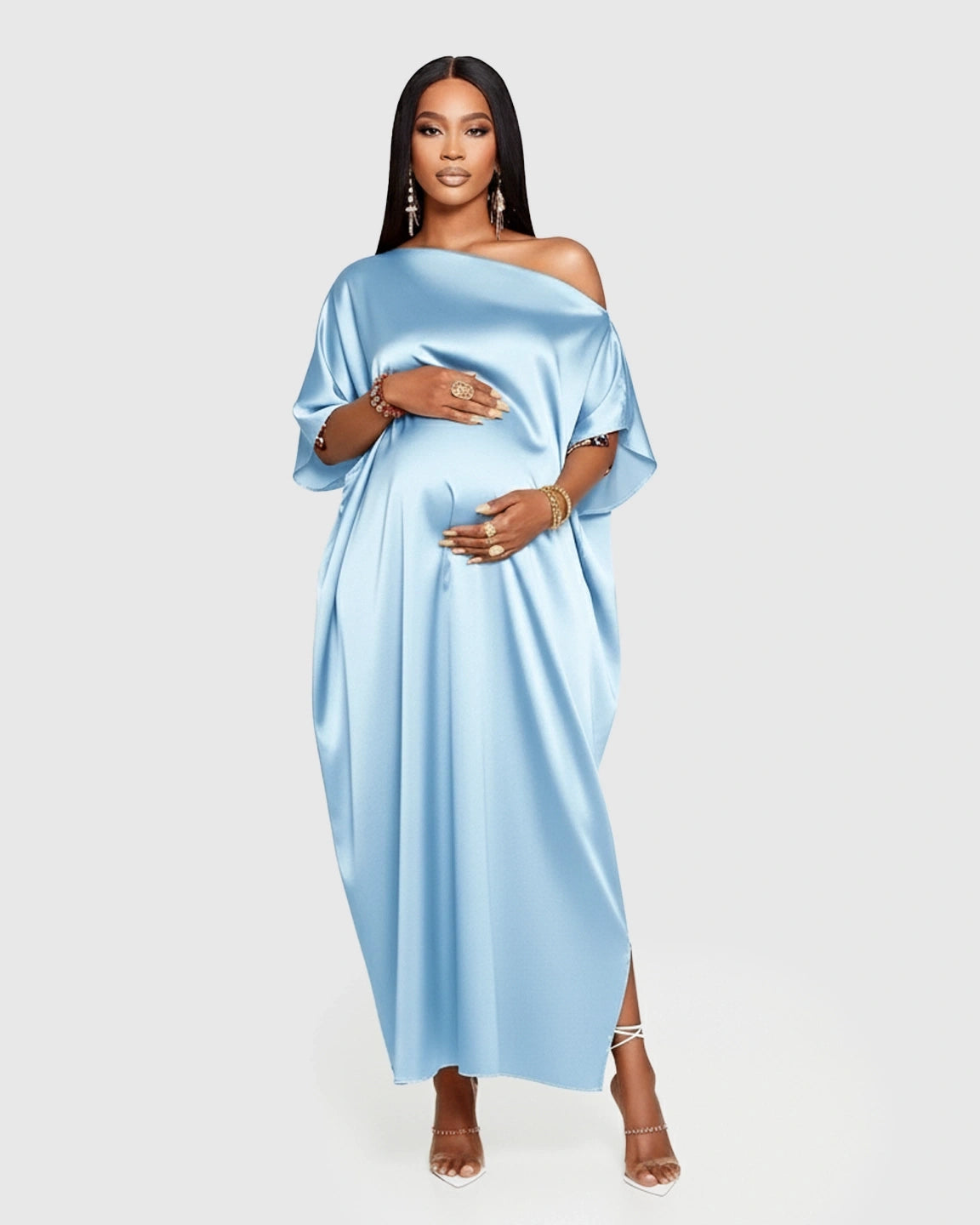 One-Shoulder Batwing Sleeve A-Line Maternity Maxi Dress