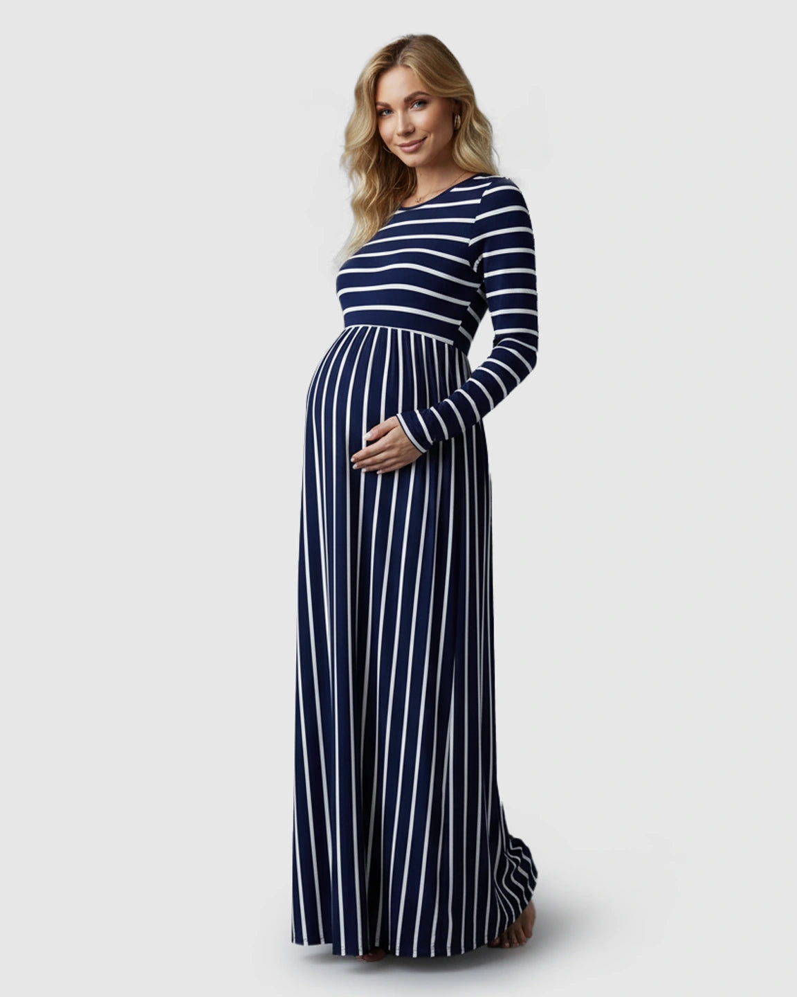 Striped Long Sleeve Elegant Floor-Length Maternity Maxi Dress