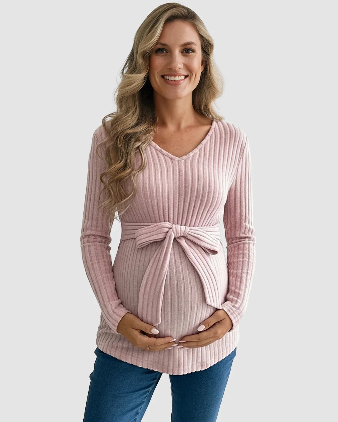 Soft Ribbed Knit Belted Long Sleeve Maternity Top