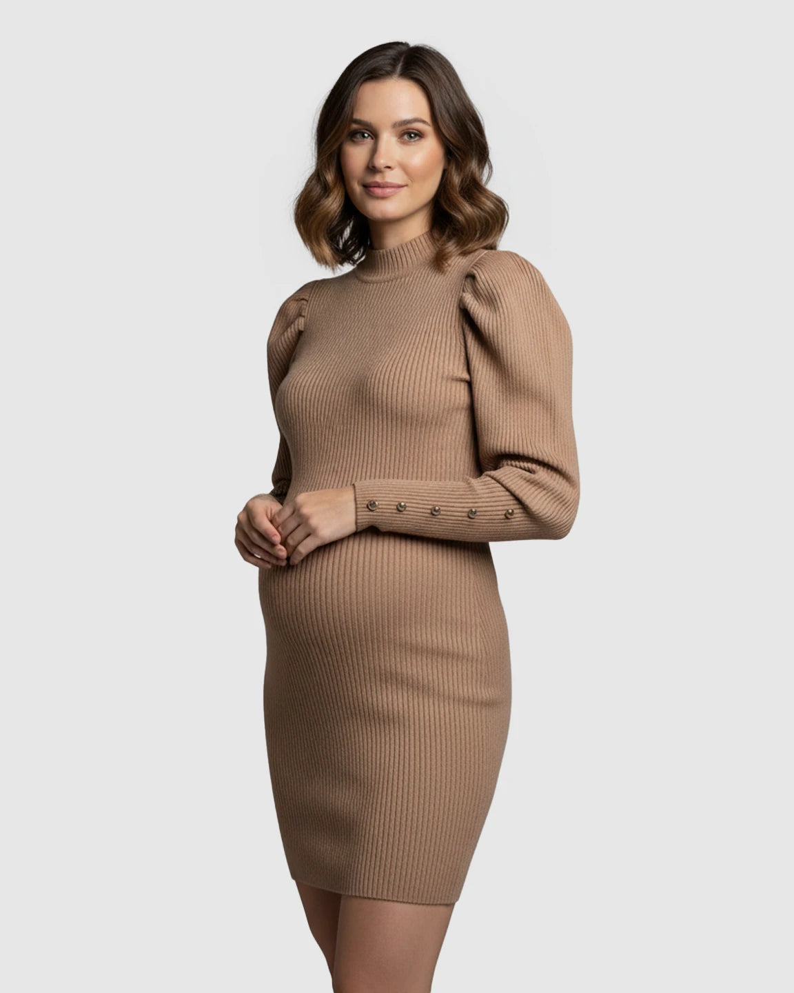Ribbed Knit Bodycon Puff Sleeve Maternity Short Dress