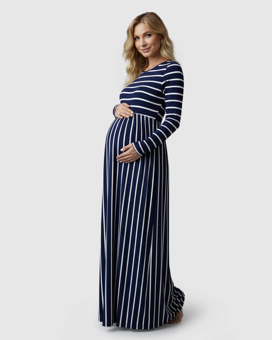 Striped Long Sleeve Elegant Floor-Length Maternity Maxi Dress