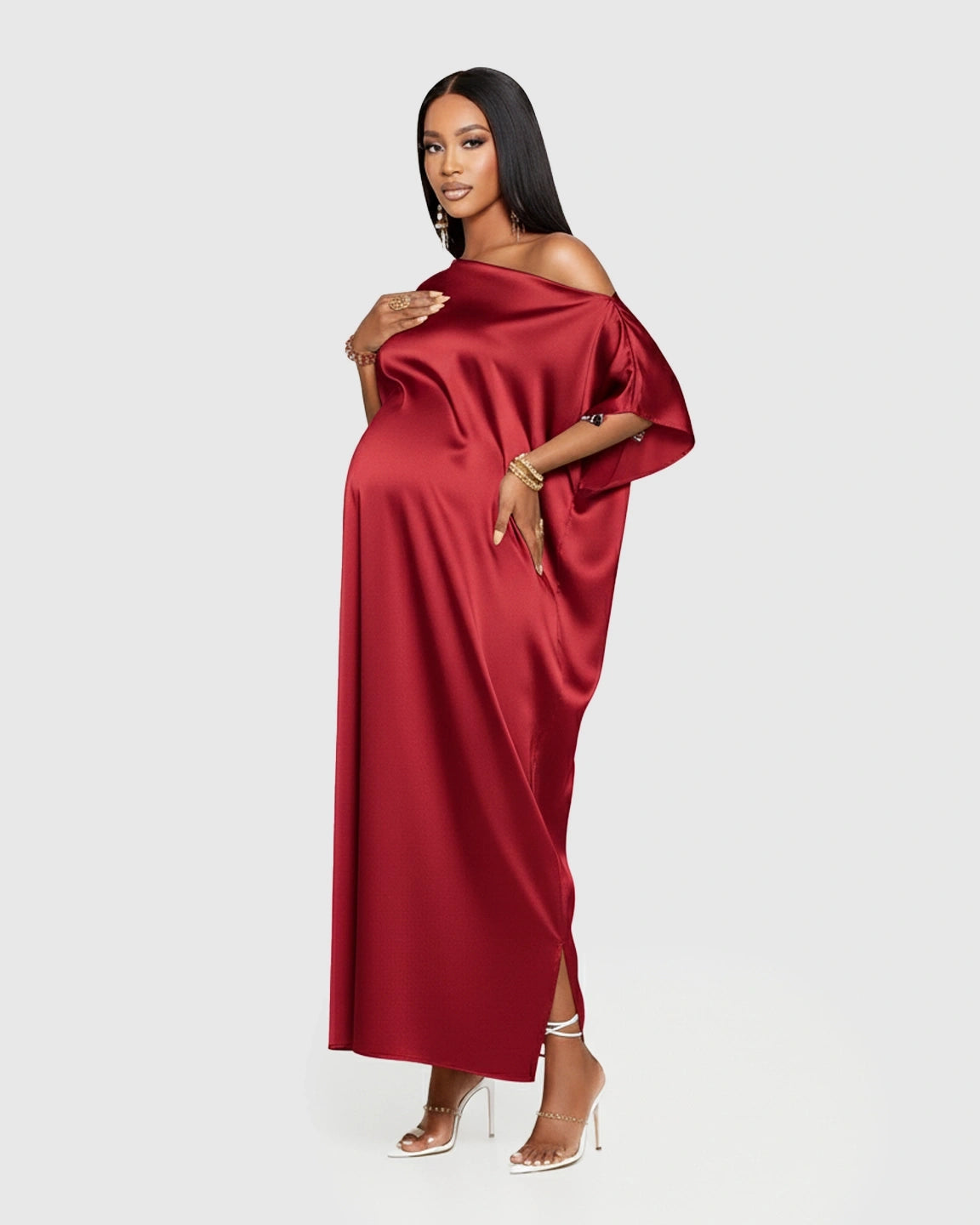 One-Shoulder Batwing Sleeve A-Line Maternity Maxi Dress