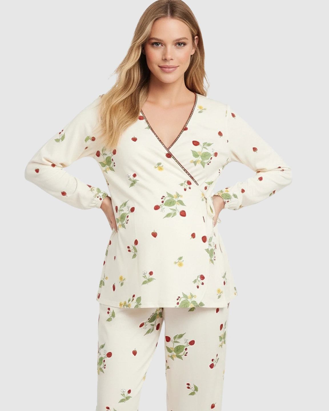Floral Wrap Kimono Cotton Maternity Pajama Set