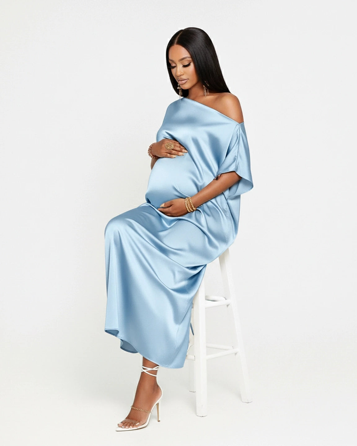 One-Shoulder Batwing Sleeve A-Line Maternity Maxi Dress