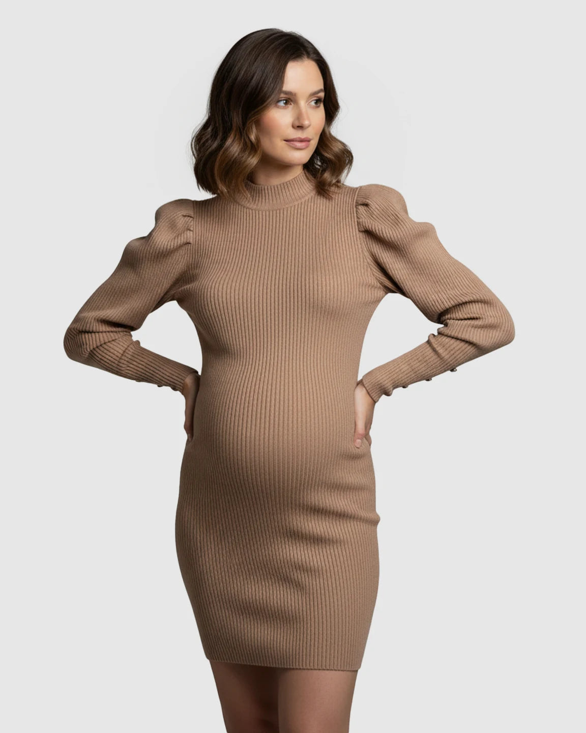 Ribbed Knit Bodycon Puff Sleeve Maternity Short Dress