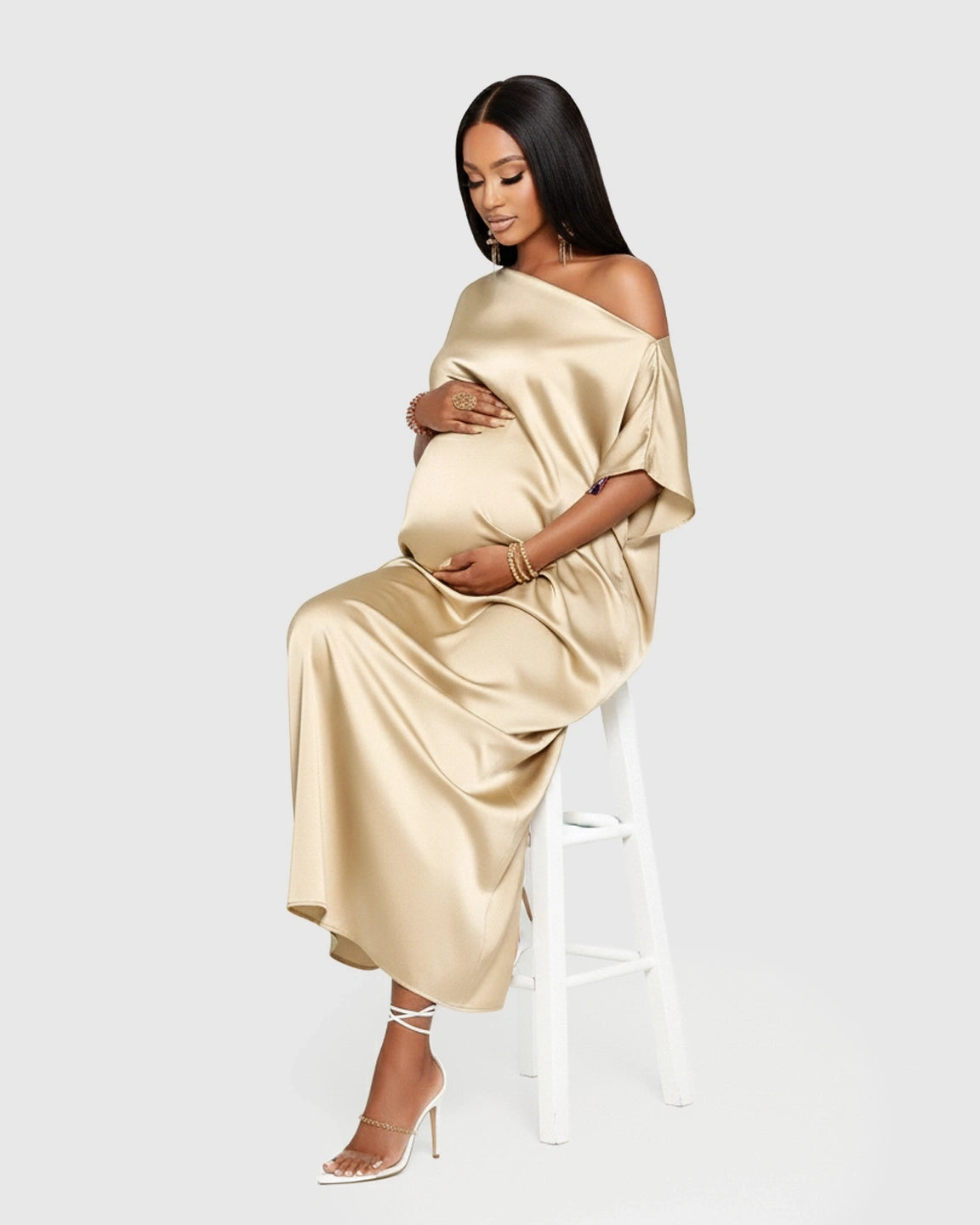 One-Shoulder Batwing Sleeve A-Line Maternity Maxi Dress